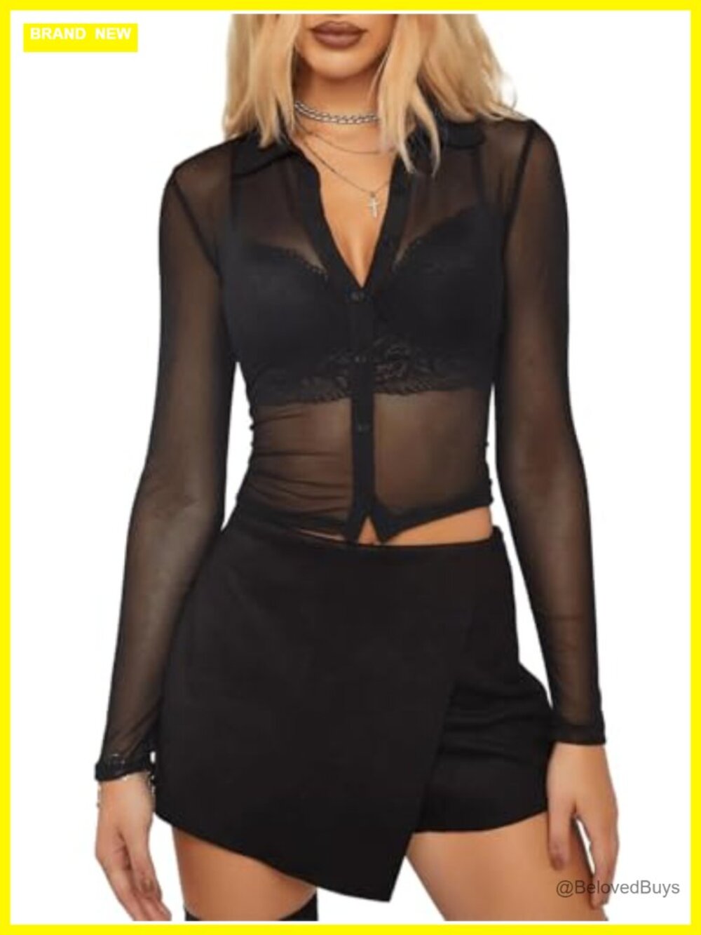 Women's Sheer Mesh Button Down Crop Top Long Sleeve Blouse